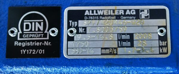 Sininen Allweiler öljypumppu malli SPF/M 20R46 W20
